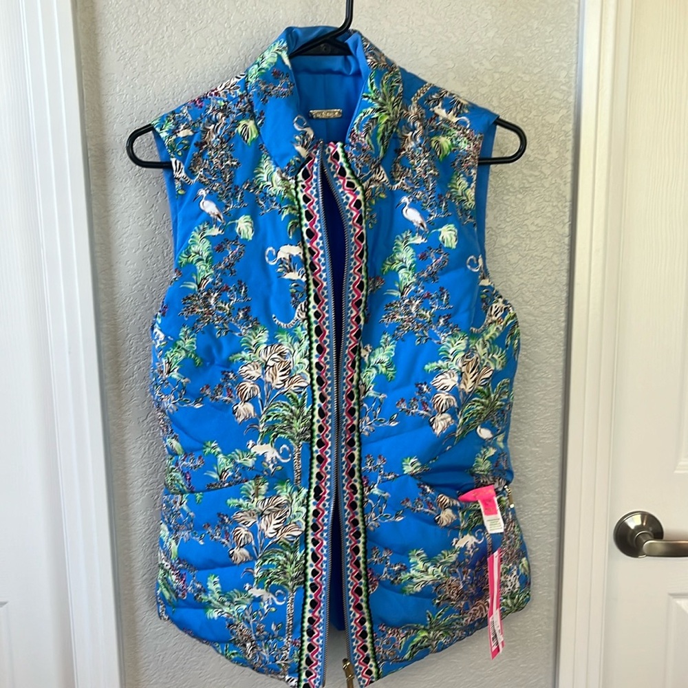 NWT Lilly Pulitzer‎ Deanne Reversible Vest in Blue Thistle Tiger Queen Size M
